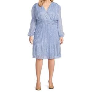 Alex Marie Dress A-Line Flare 24W Long Sleeve Chiffon Polka Blue White Plus Size
